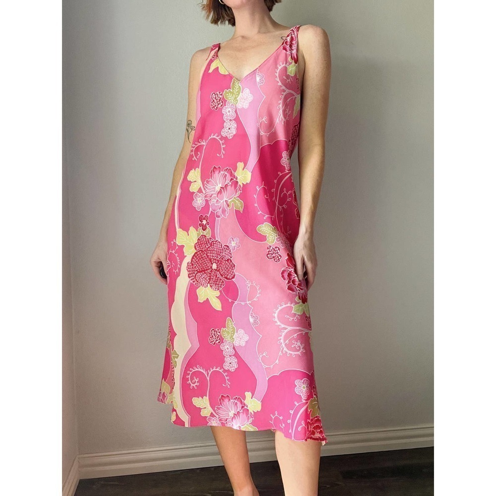 Vintage Natori Pink Floral Abstract Printed Midi Low Back Slip Dress - Picture 2 of 6